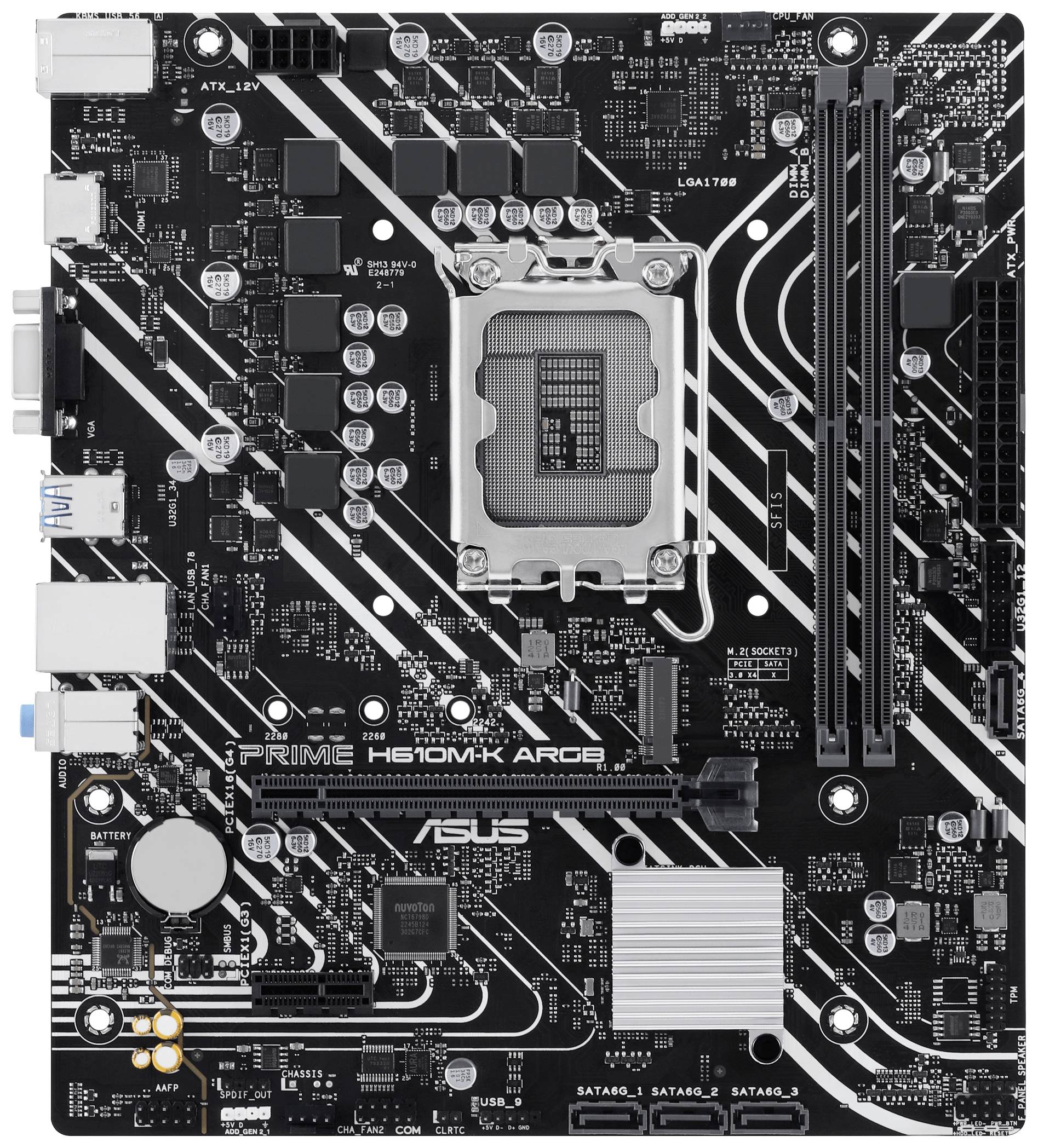 Une carte mère ASUS, modèle Prime H610M-K D4, présente différents ports et composants tels que le socket CPU, les emplacements RAM et les slots PCIe.