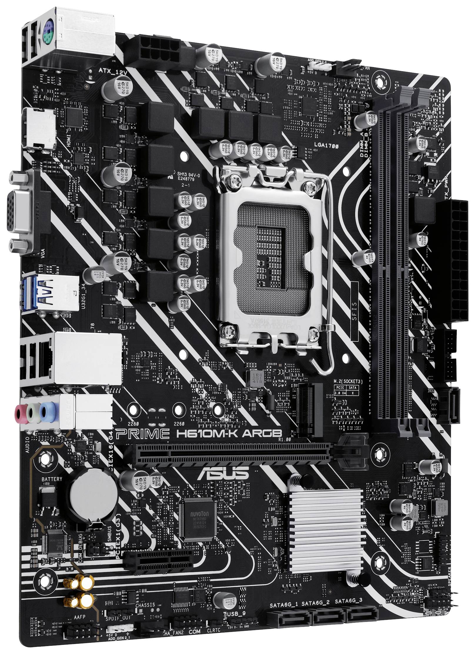 Une carte mère ASUS noire avec des emplacements pour la RAM, un socket CPU au centre et plusieurs connexions sur les côtés.