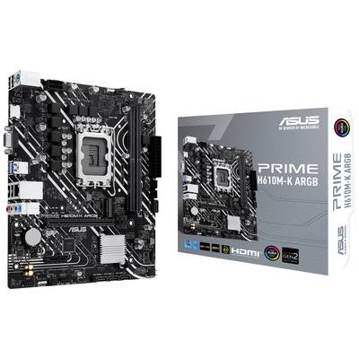 Image d'une carte mère ASUS PRIME H610M-K ARGB à côté de son emballage. Comprend des spécifications et présente le format microATX.