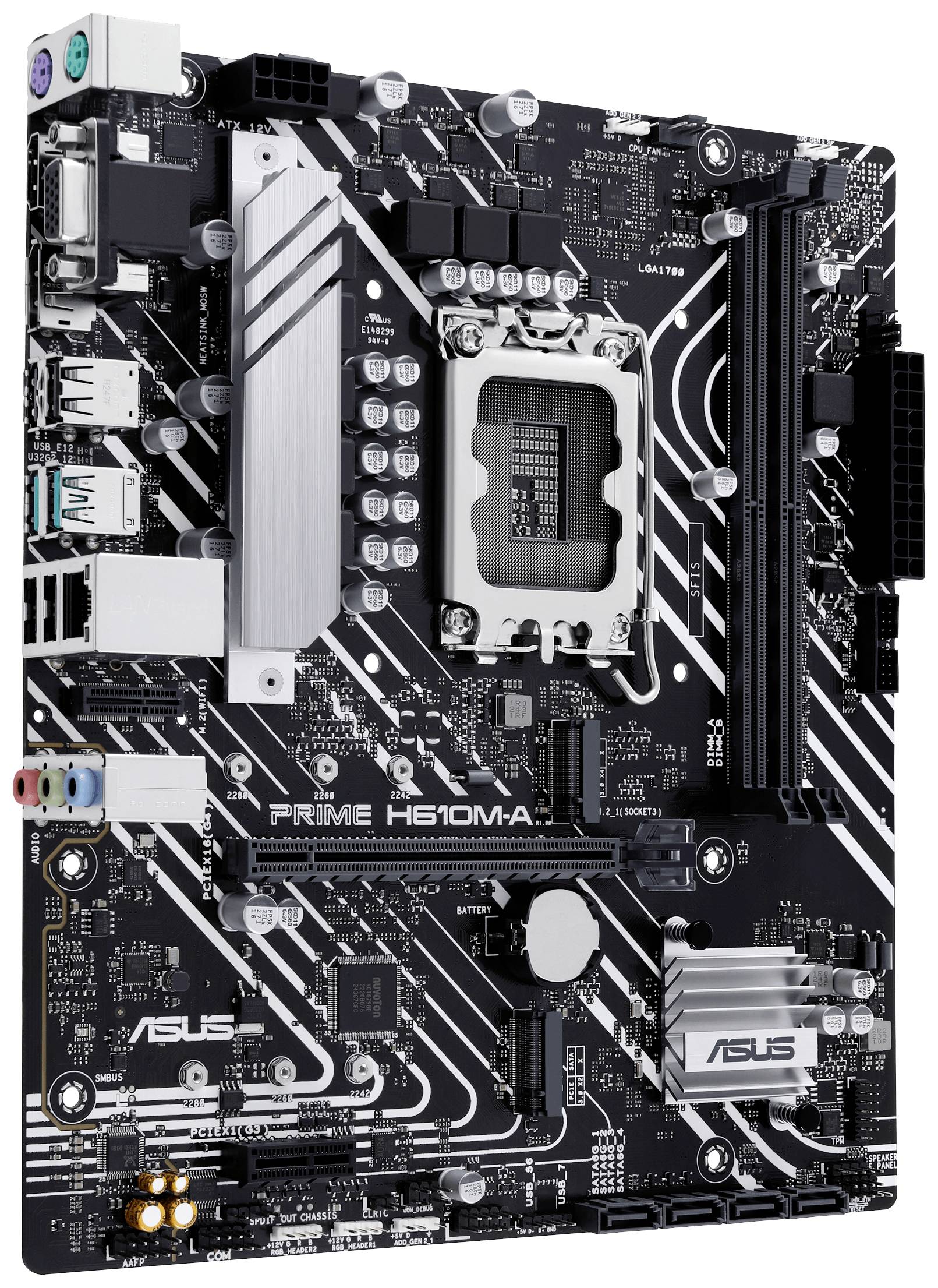 Carte mère ASUS PRIME H610M-A avec des pistes de circuit imprimé argentées et noires, des emplacements pour RAM, un socket CPU, des ports USB et audio.