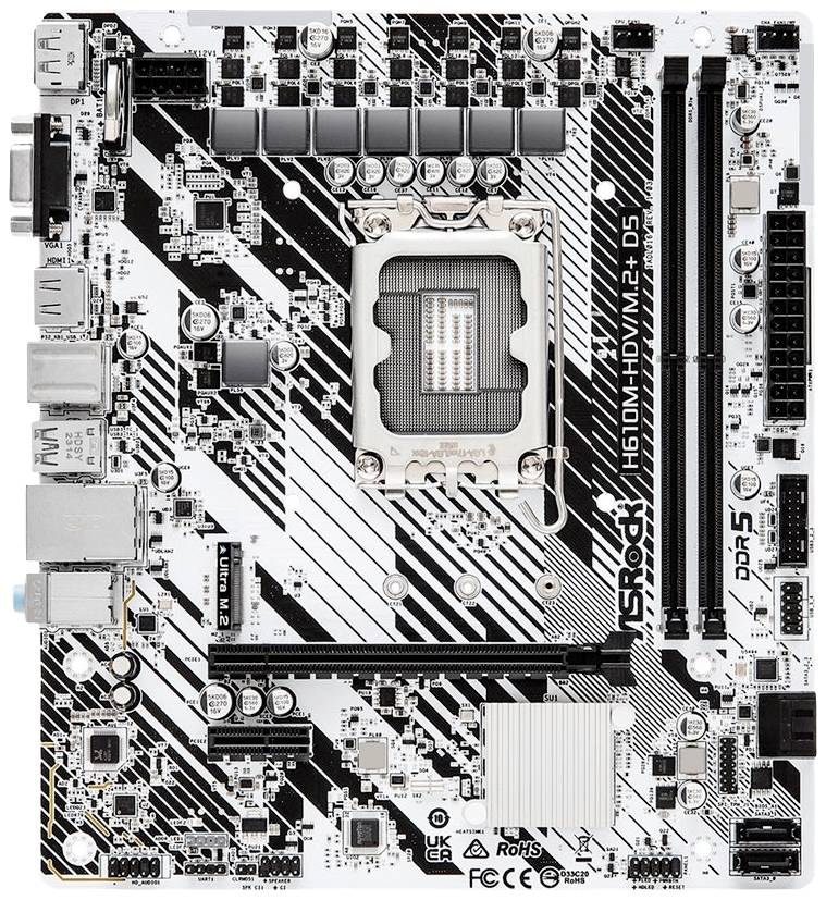 Une carte mère d'ordinateur avec plusieurs connecteurs et emplacements. On peut voir l'emplacement du processeur, les emplacements pour la mémoire RAM et les connexions d'alimentation.