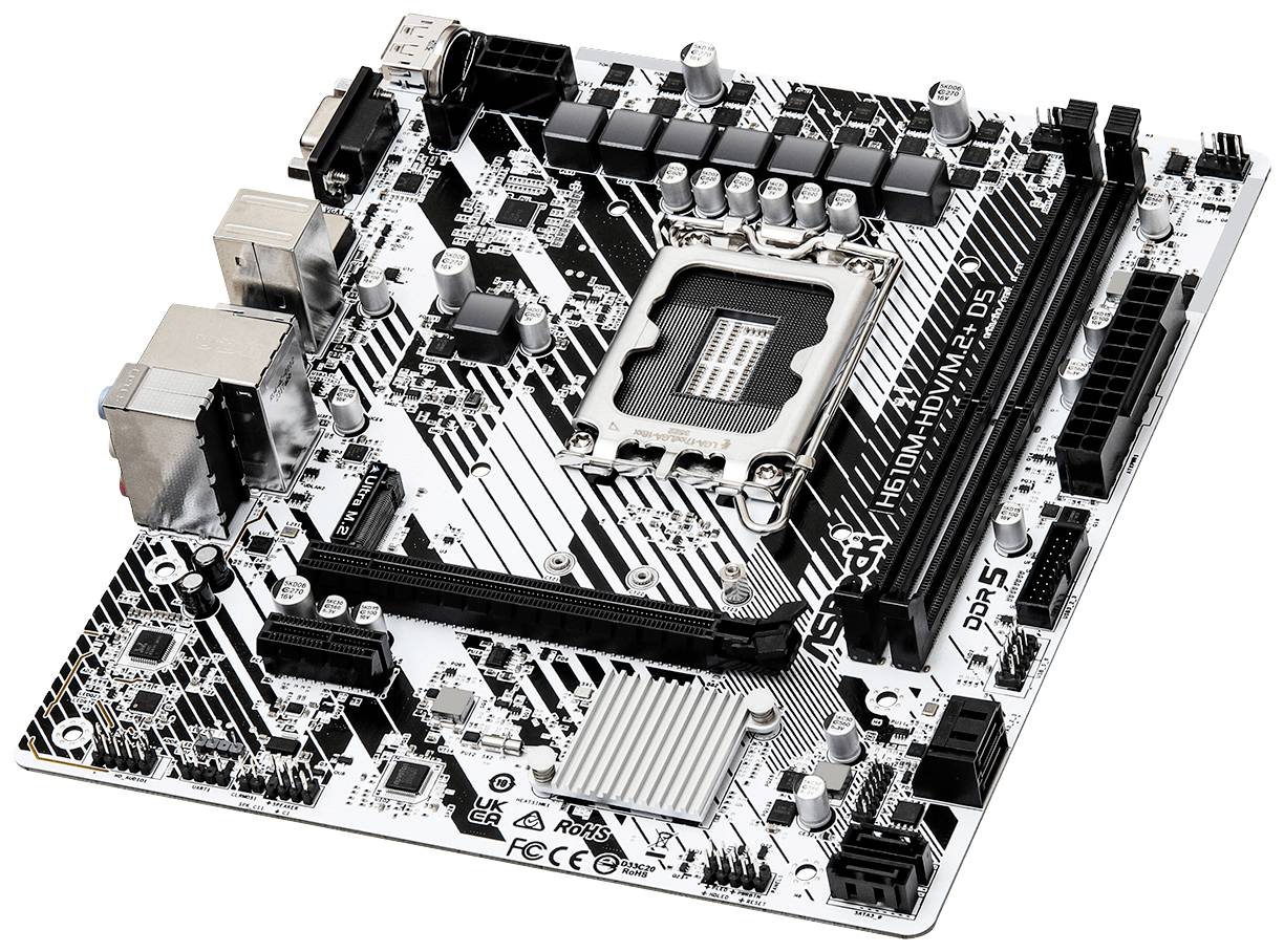 Une carte mère d'ordinateur avec différents connecteurs et emplacements, comprenant un socket pour processeur, des emplacements pour mémoire RAM et des ports pour périphériques.