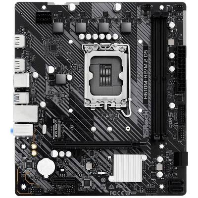Une carte mère noire ASRock H610M-HDV/M.2 D5 avec différents ports, puces et un socket CPU au centre.