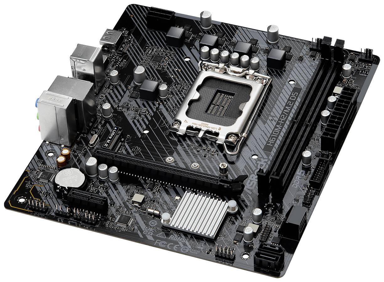 Une carte mère noire avec des emplacements, des connecteurs et un socket processeur visibles, sur un fond blanc.