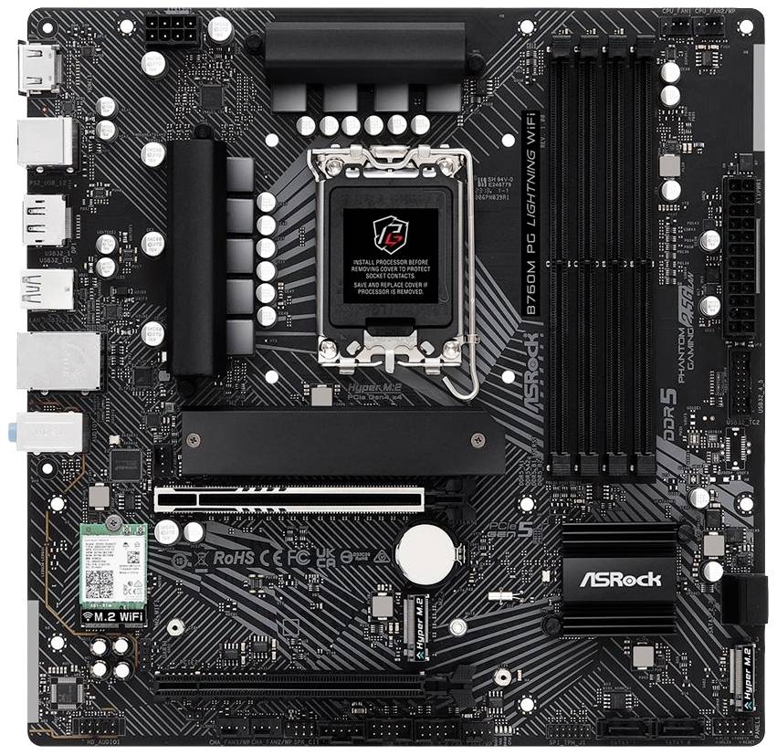 Carte mère ASRock noire avec emplacements PCIe, emplacements RAM, socket CPU et emplacement M.2. Adaptée à la construction et aux mises à niveau de PC.
