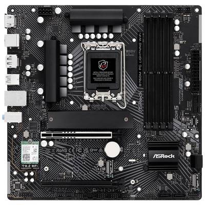 Carte mère ASRock noire avec emplacements PCIe, emplacements RAM, socket CPU et emplacement M.2. Adaptée à la construction et aux mises à niveau de PC.