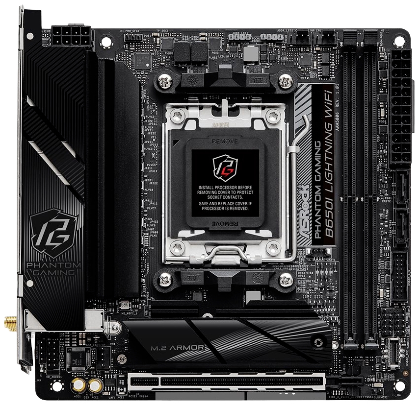 Carte mère au design noir avec support WiFi. Inscription 'Phantom Gaming B650I Lightning'. Emplacements PCIe et RAM visibles.