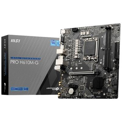 Carte mère MSI PRO H610M-G à côté de son emballage, montrant ses connecteurs et emplacements. Adaptée aux processeurs Intel, compacte et fonctionnelle.