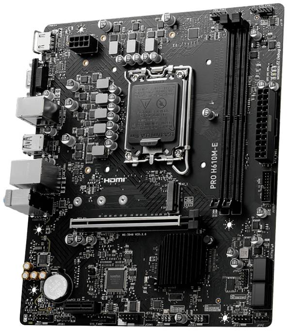Carte mère noire avec différents ports et emplacements, notamment des emplacements RAM, un socket CPU et des emplacements PCIe.