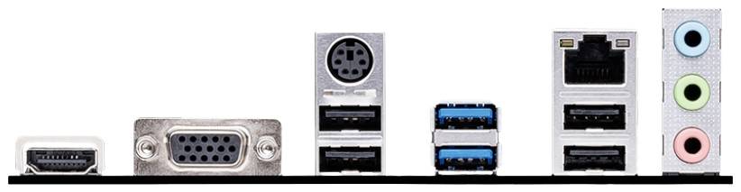 Une carte mère d'ordinateur présente différents ports : HDMI, VGA, USB, RJ-45 pour Ethernet et des connecteurs audio.