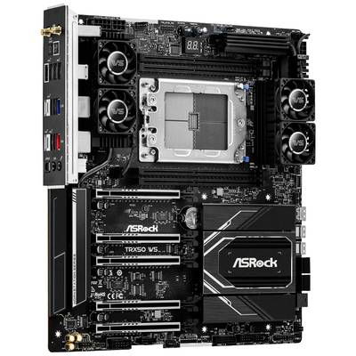 Carte mère ASRock TRX50 avec plusieurs emplacements PCIe, deux grands ventilateurs et des connecteurs pour l'extension du processeur et de la mémoire.