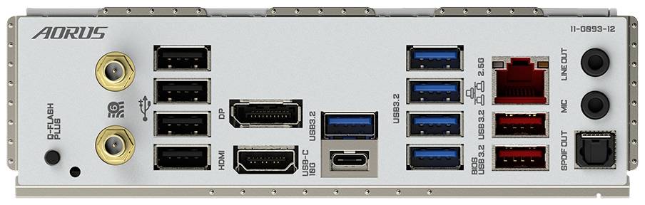 Face arrière d'une carte mère d'ordinateur avec plusieurs ports USB, ports HDMI, DisplayPort, audio et Ethernet.