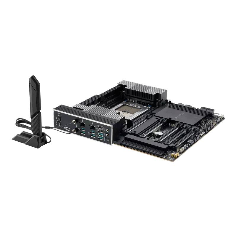 Une carte mère d'ordinateur avec plusieurs emplacements et interfaces, accompagnée d'une antenne externe. Idéal pour les passionnés de technologie.