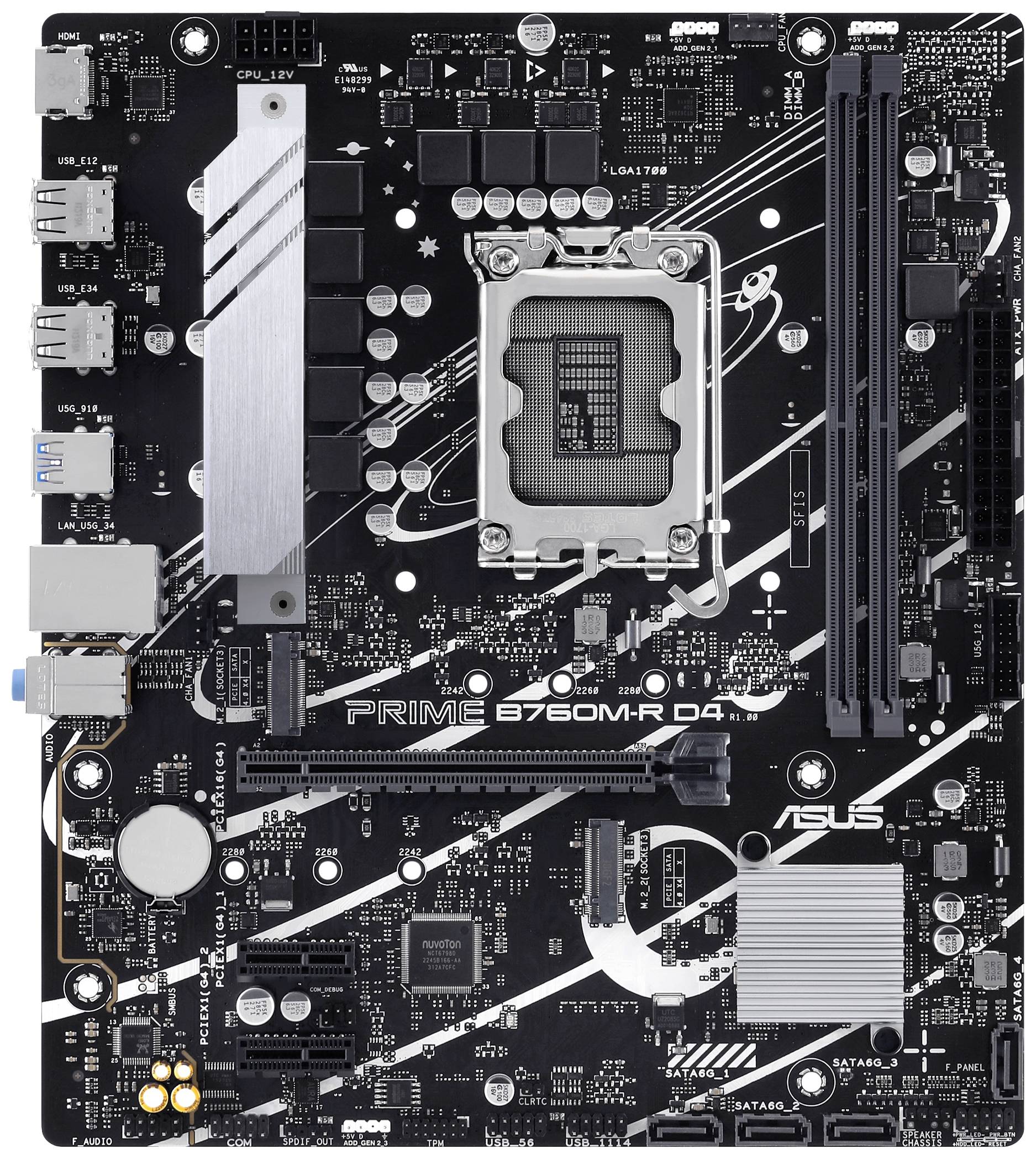 Carte mère noire avec différentes connexions, emplacements RAM et un socket CPU au centre. Étiquette : 'PRIME B760M-A D4'.