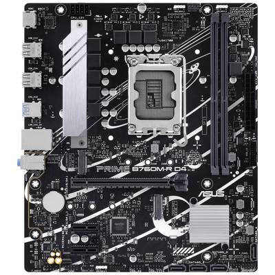 Carte mère noire avec différentes connexions, emplacements RAM et un socket CPU au centre. Étiquette : 'PRIME B760M-A D4'.