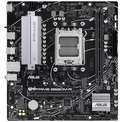 Carte mère noire ASUS Prime B650M-R avec des éléments de refroidissement argentés, plusieurs connecteurs et un socket pour processeur au centre.