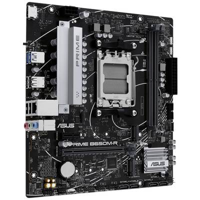 'Carte mère ASUS Prime B650M-K avec socket AM5, emplacements PCIe, logements RAM et connecteurs pour périphériques.'