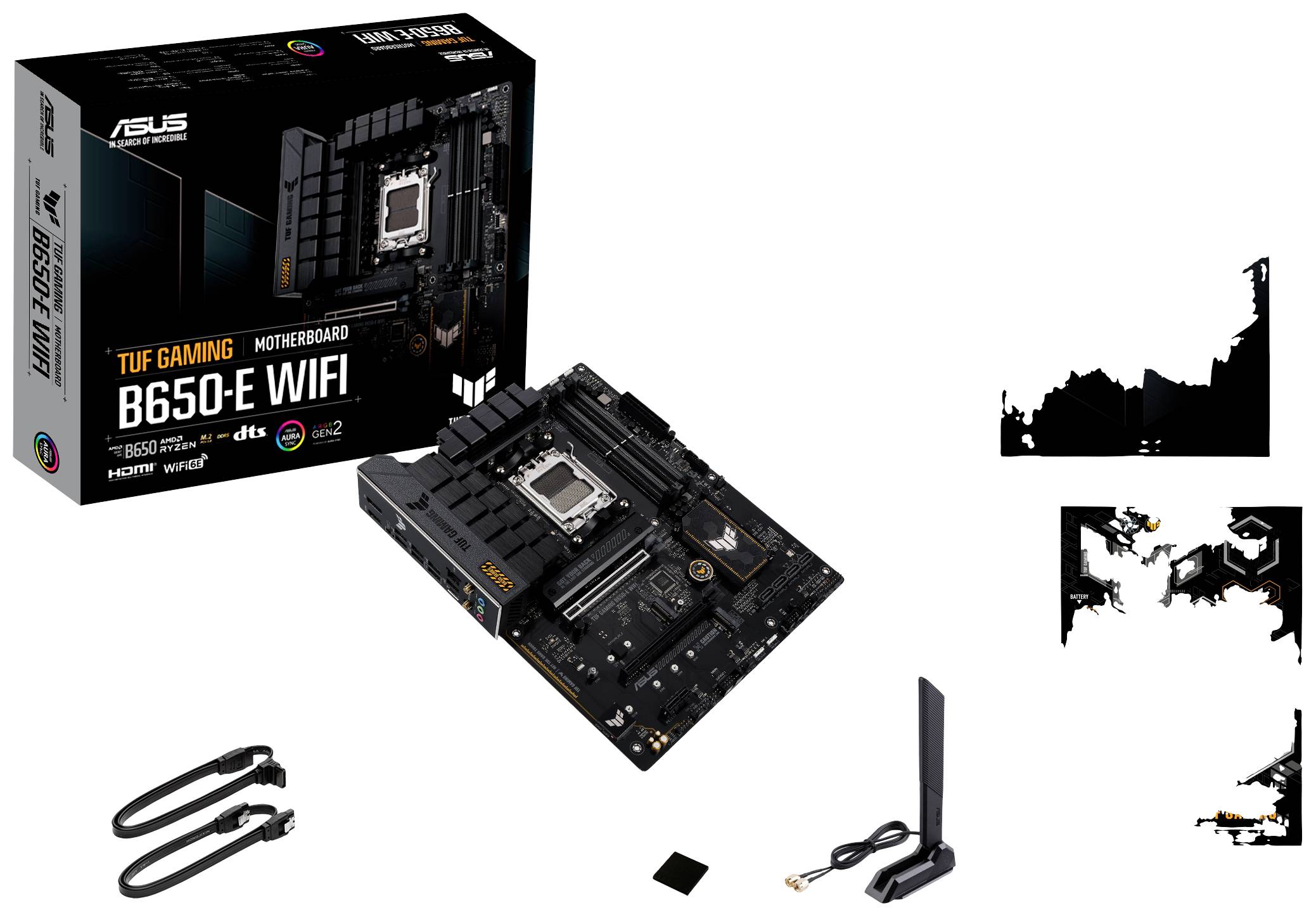 Carte mère ASUS TUF Gaming B650-PLUS WIFI avec accessoires : antenne, câbles, étiquette. L'emballage présente l'image de la carte mère et le logo.