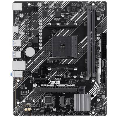 Carte mère ASUS Prime A520M-R noire avec des lignes blanches, offrant de nombreux ports et emplacements pour processeurs, RAM et cartes d'extension.