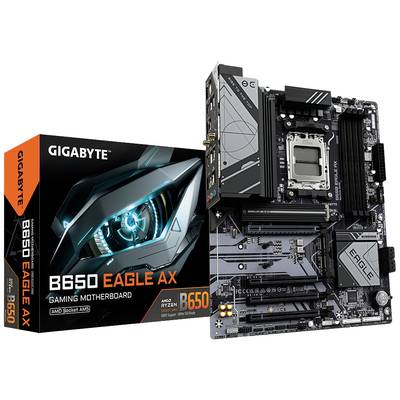 Carte mère 'GIGABYTE B650 EAGLE AX' avec son emballage. Compatible avec les processeurs AMD Ryzen, offrant PCIe 5.0, WiFi 6E et mémoire DDR5.