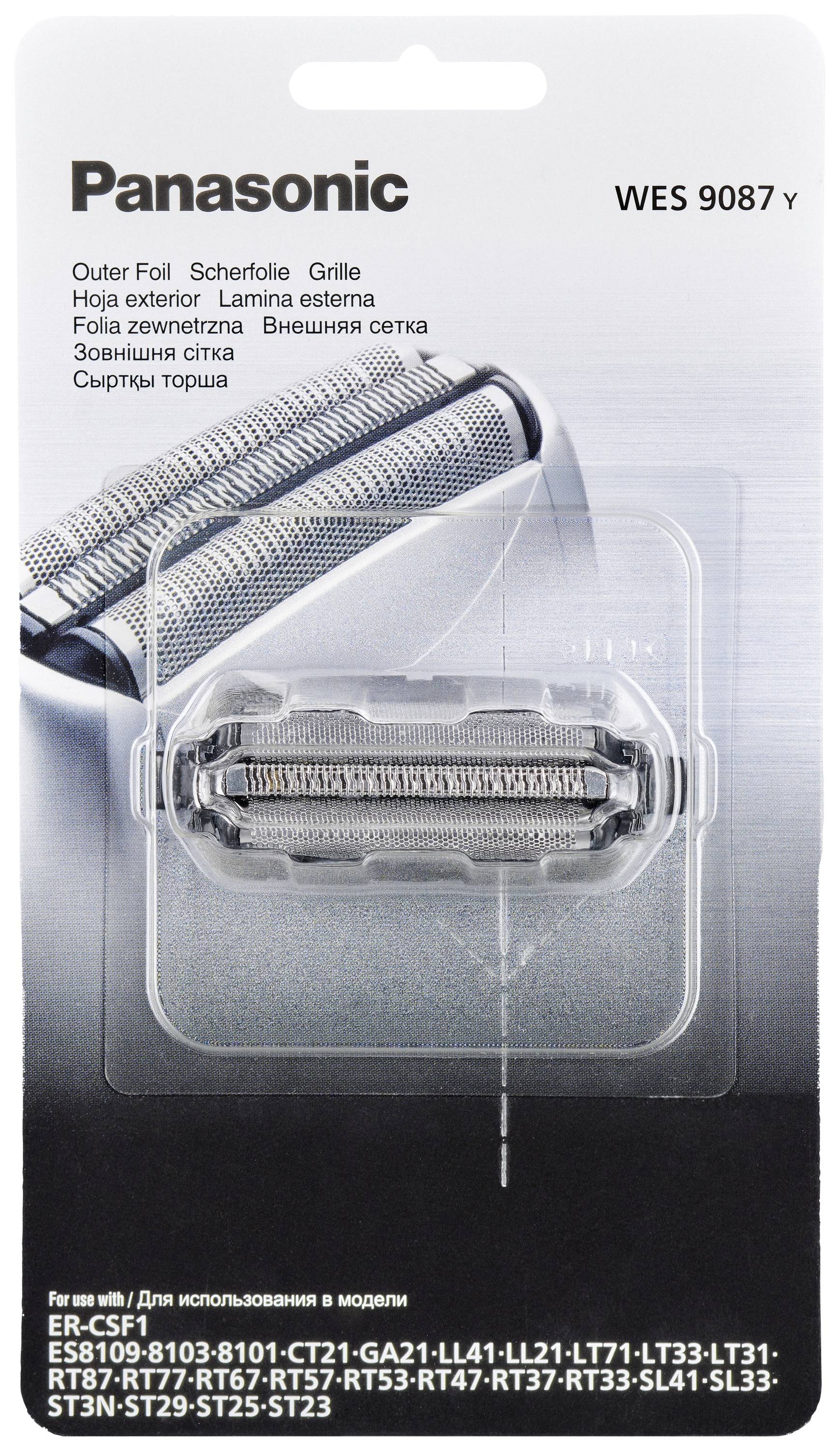 'Lame de rechange Panasonic WES9087Y' pour rasoir électrique. L'emballage présente la pièce de rechange et ses spécifications.