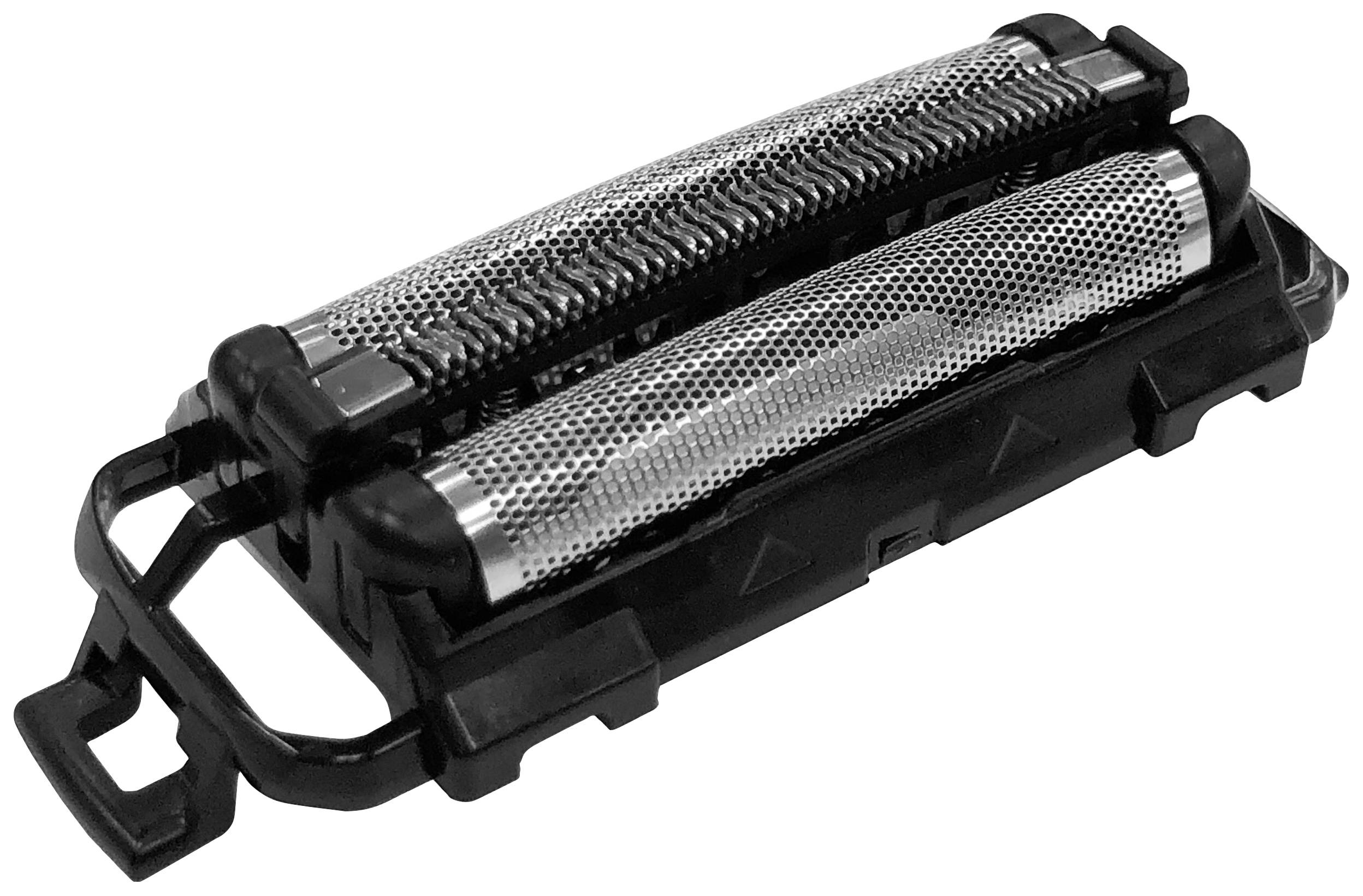 Tête de rasoir de rechange pour rasoir électrique, avec deux feuilles et des pièces en plastique noir.