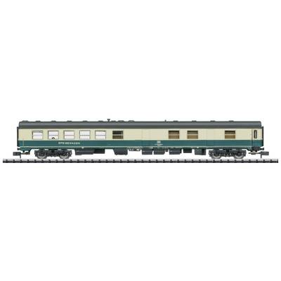 Wagon de train de passagers pour train miniature, design vert et beige, sur une voie ferrée.