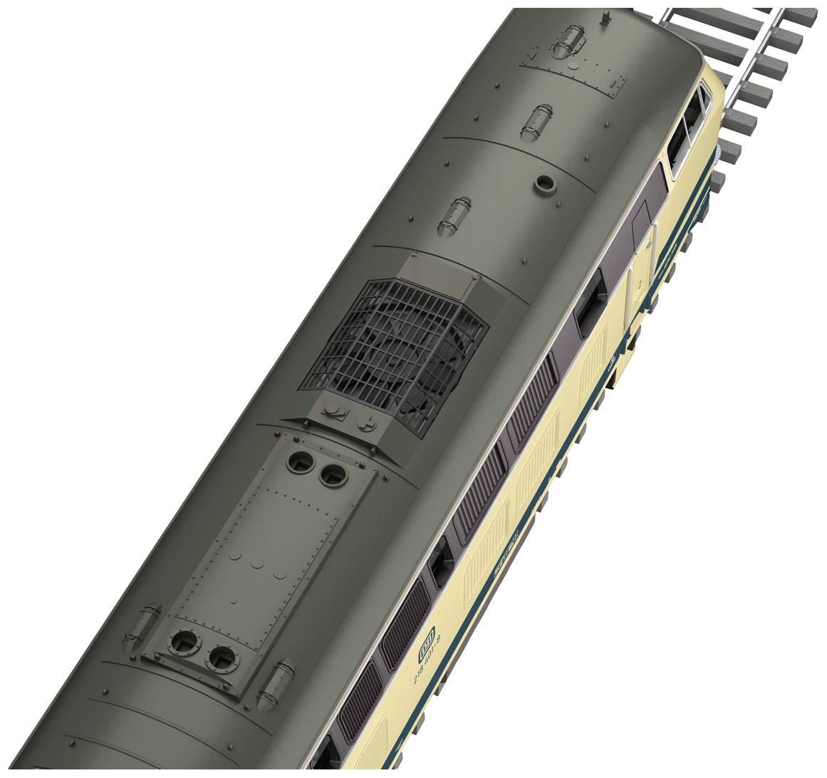 Une locomotive jaune et verte vue de dessus sur des rails. Plusieurs ventilateurs et grilles sont visibles sur le toit.