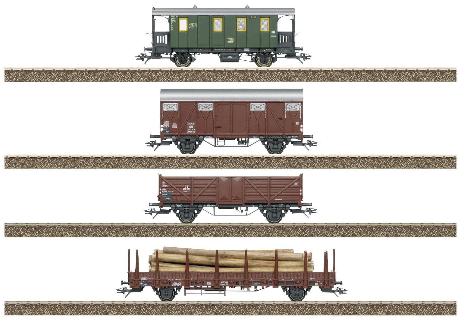 Quatre wagons de marchandises sur des voies ferrées. De haut en bas : wagon de passagers, deux wagons de marchandises couverts, wagon ouvert chargé de grumes.
