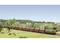 Un train de marchandises vert circule à travers un paysage rural avec des arbres et des prairies. Des collines et une ferme sont visibles en arrière-plan.