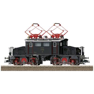 Un modèle noir d'une locomotive électrique historique avec des détails rouges est posé sur une voie ferrée. Elle possède deux pantographes en haut.