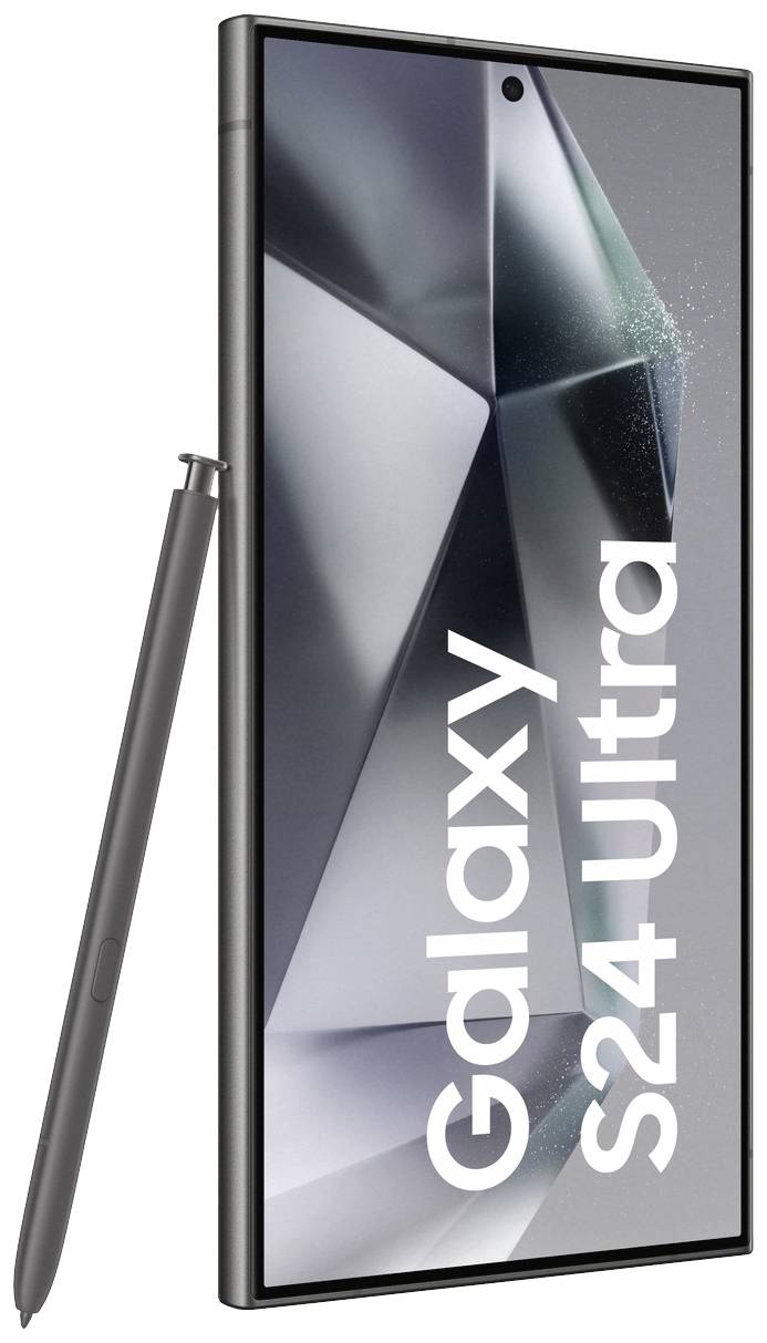 Image d'un smartphone 'Galaxy S24 Ultra' avec un stylet, l'écran étant visible sur la face avant.