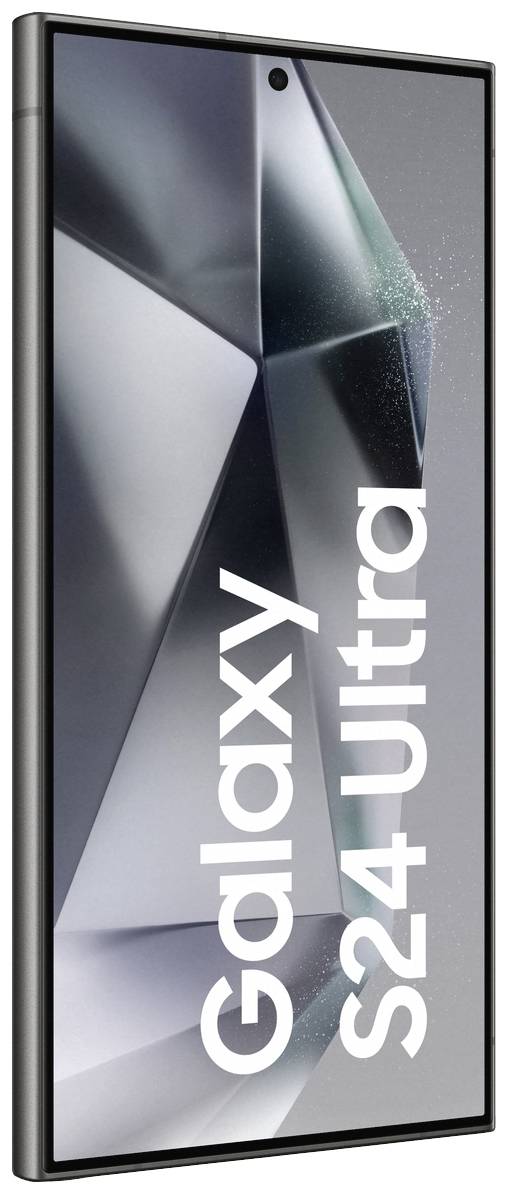 Vue latérale d'un smartphone avec un grand écran affichant 'Galaxy S24 Ultra'. Le dos présente un motif géométrique scintillant.