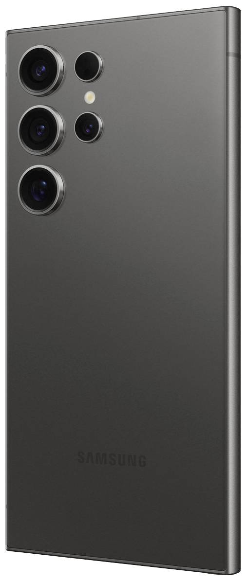 Un smartphone moderne en noir avec plusieurs objectifs de caméra à l'arrière, disposés verticalement et présentant un design minimaliste.