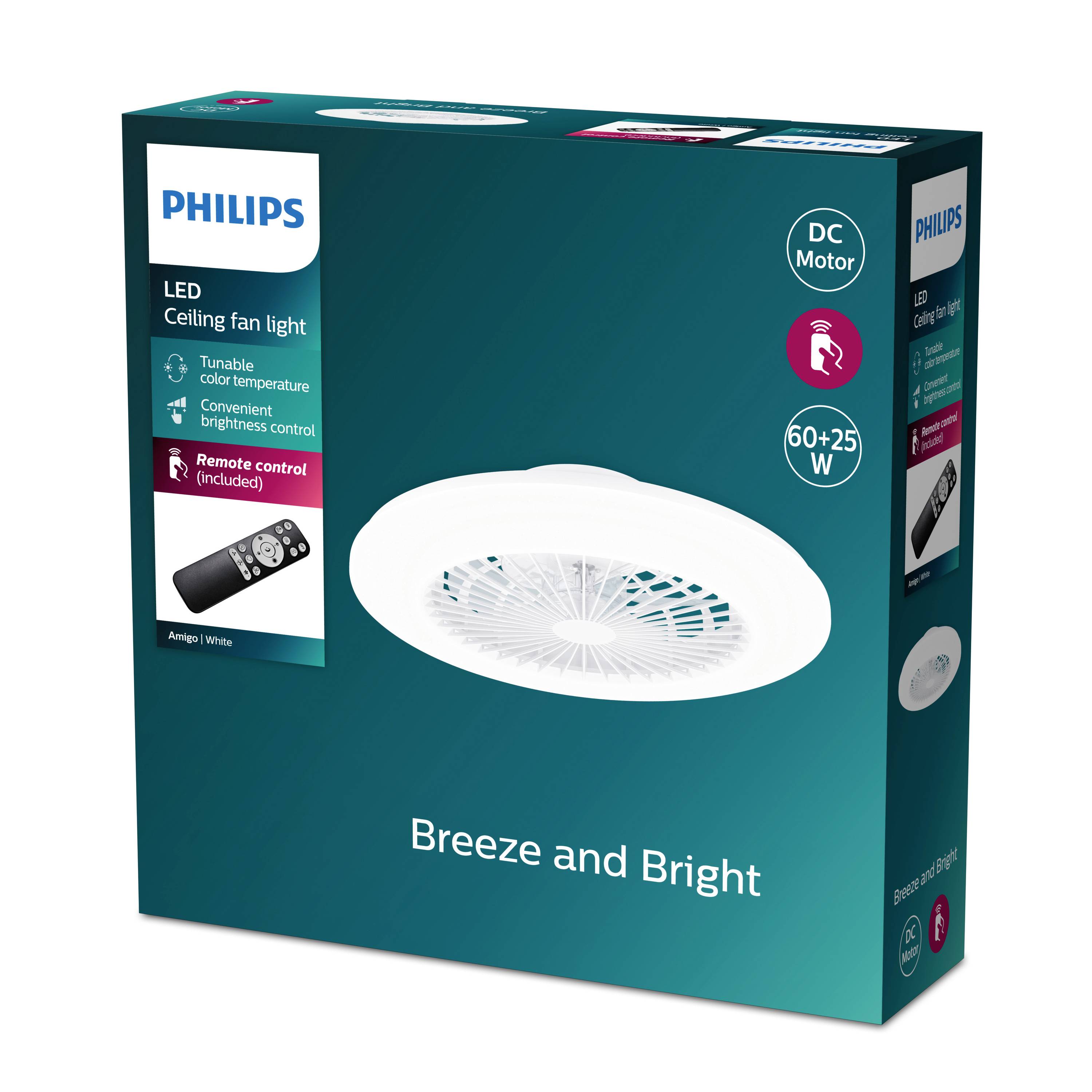 Emballage d'un ventilateur de plafond LED Philips avec télécommande. Fonctions : Variateur d'intensité, réglage de la température de couleur. Puissance : 60+25 W.