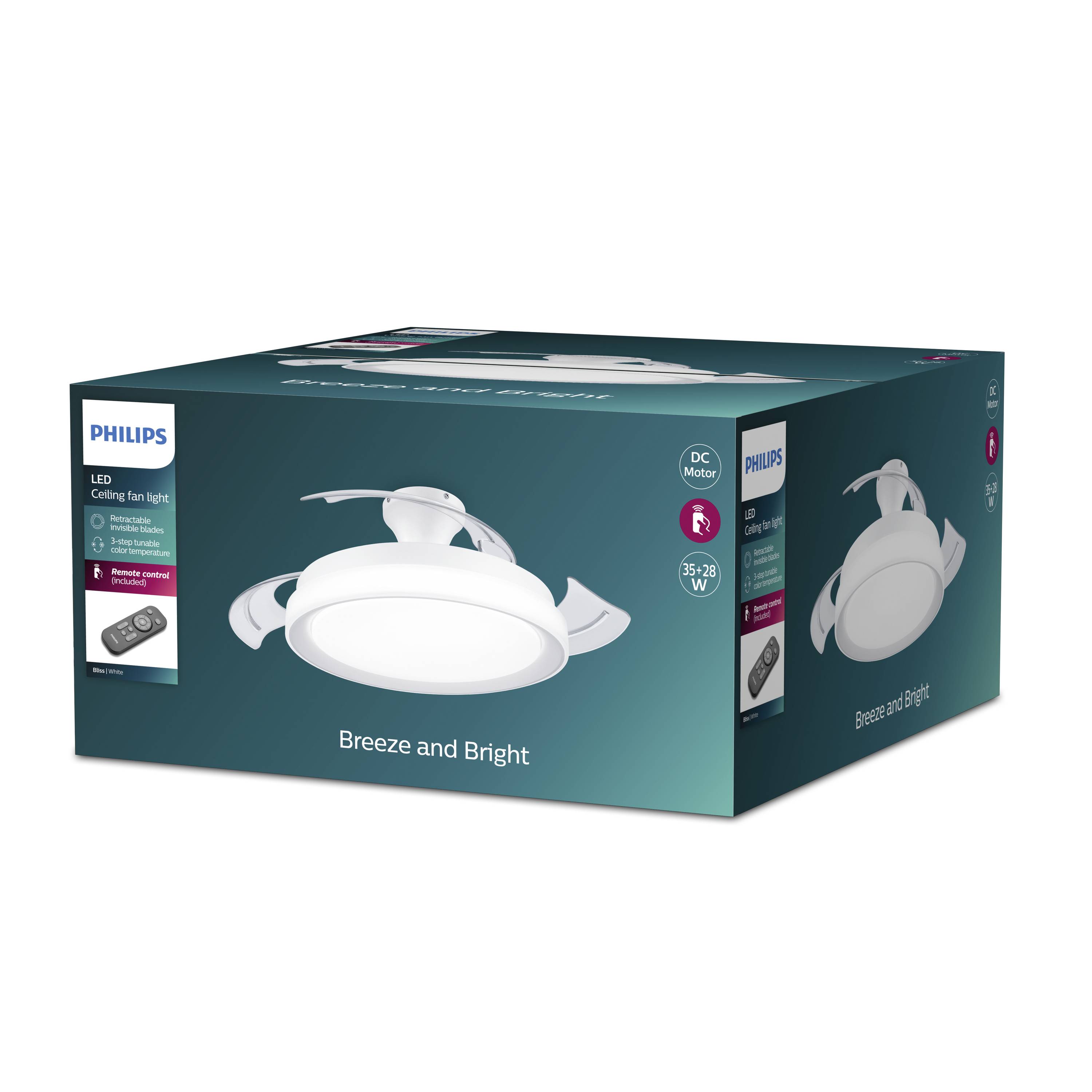Un emballage pour un plafonnier LED Philips nommé 'Breeze and Bright', présentant l'image du produit et ses détails techniques sur le boîtier.