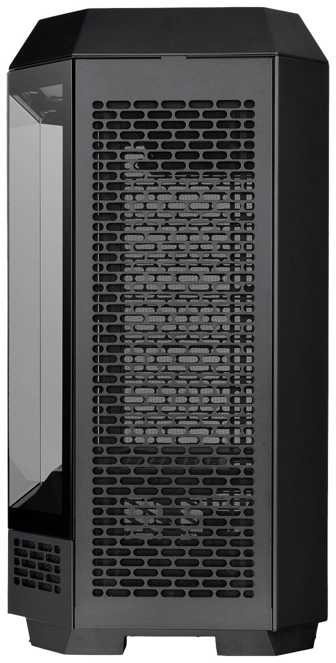 Un boîtier PC noir moderne et vertical, doté d'un motif de grille à l'avant et d'une fenêtre latérale permettant de voir l'intérieur.