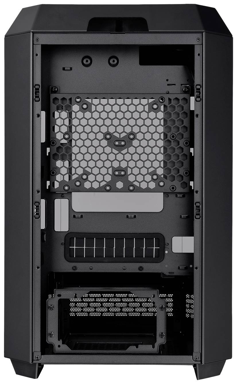 Boîtier d'ordinateur vu de l'intérieur avec l'arrière ouvert, montrant une grille de ventilation en haut, différents emplacements pour les composants matériels et des slots en bas.
