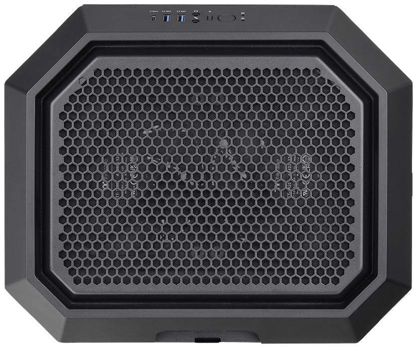 Ventilateur d'ordinateur noir octogonal avec une grille en nid d'abeille sur le dessus et plusieurs connexions sur le bord supérieur.