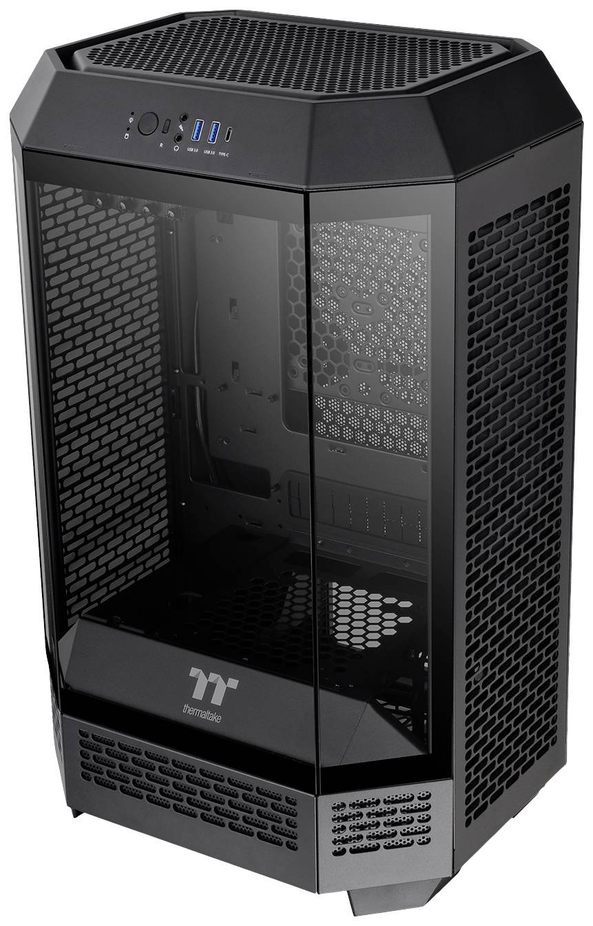 Boîtier d'ordinateur noir, en forme de tour, avec parois latérales transparentes et design en grille, idéal pour les configurations de gaming ou les composants haute performance.