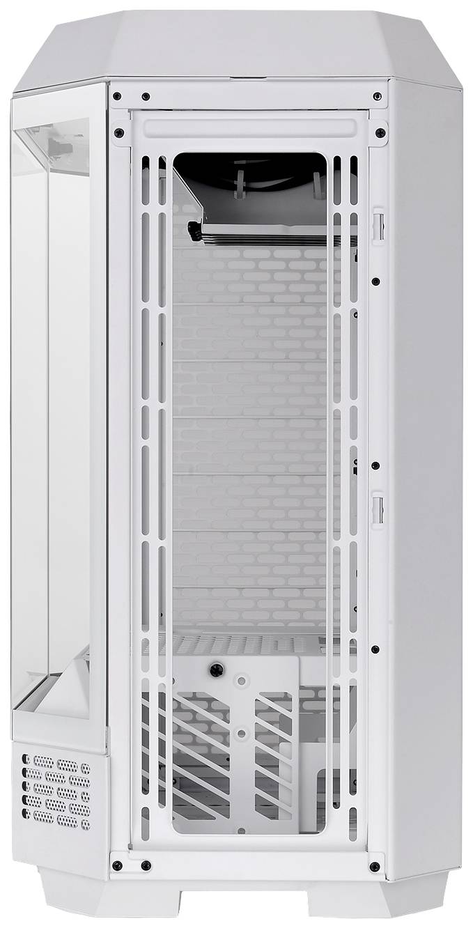 Boîtier d'ordinateur blanc avec fenêtre en verre, montrant l'espace intérieur pour les composants. Forme haute et verticale au design moderne.