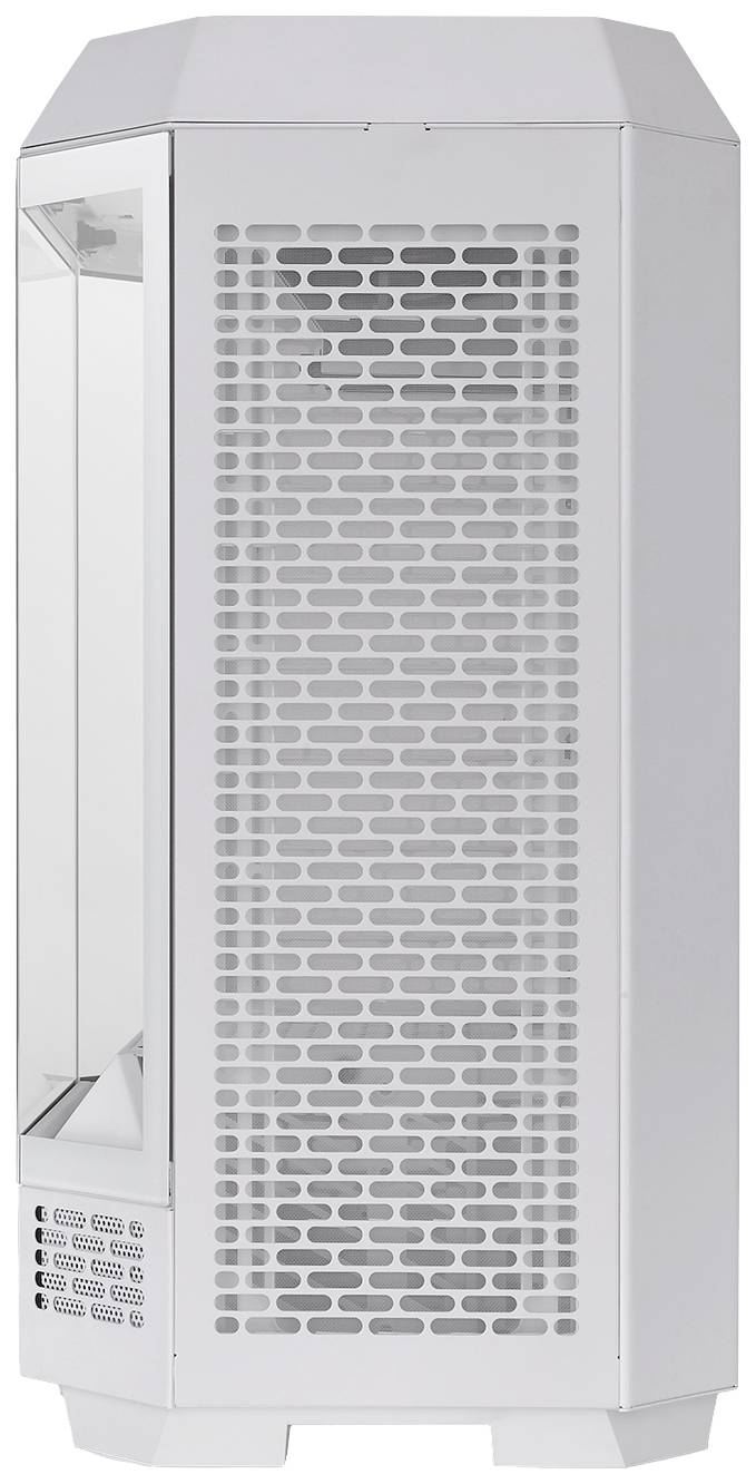 Boîtier d'ordinateur blanc avec grille latérale et fenêtre transparente sur le côté gauche. Design moderne favorisant la ventilation et la visibilité.