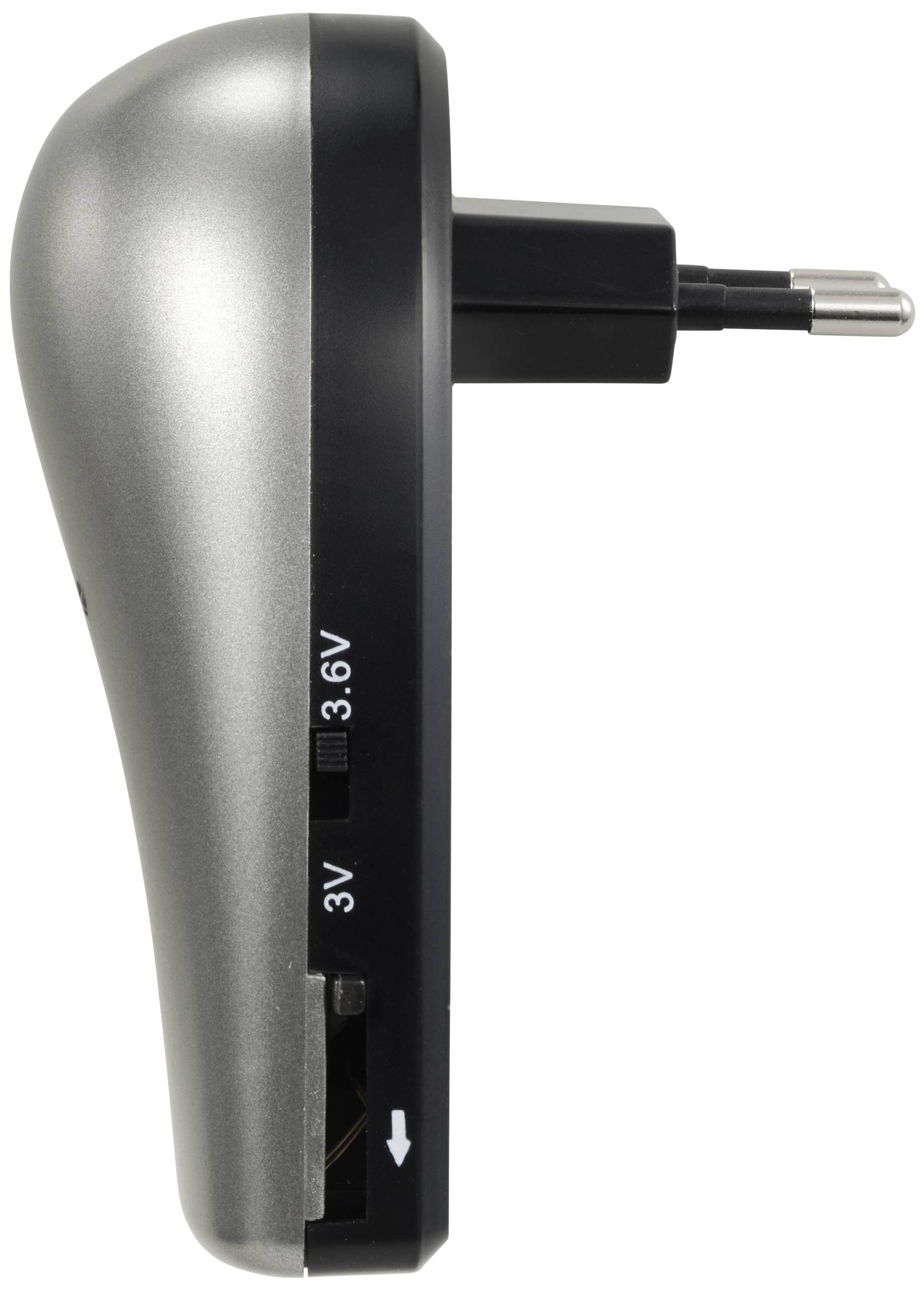 Un chargeur de batterie avec un curseur de réglage de tension entre 3,3V et 3V, vue latérale.