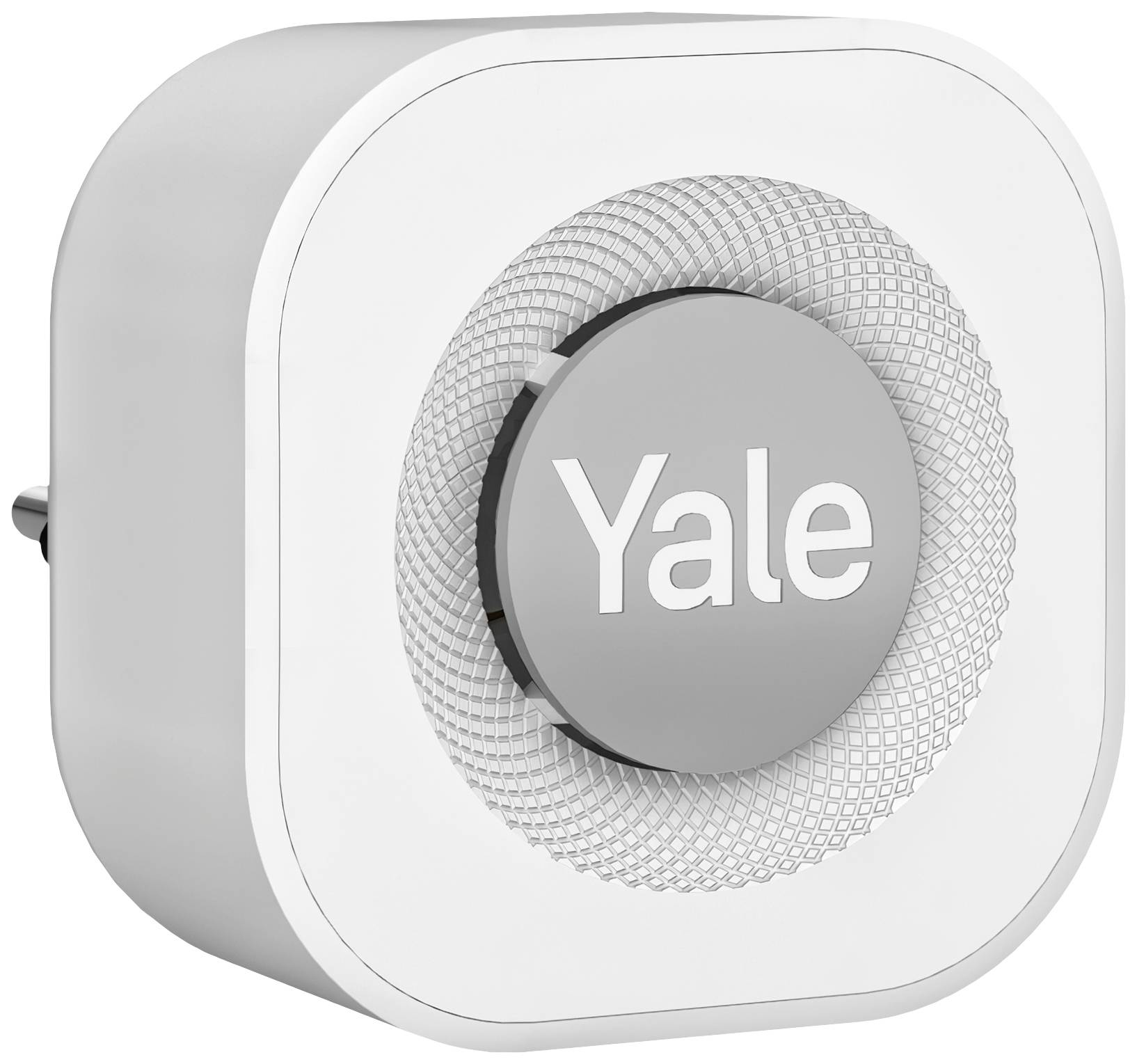 Appareil domotique blanc, carré, avec un bouton rond gris au centre, portant l'inscription 'Yale'. Design à brancher sur une prise électrique.