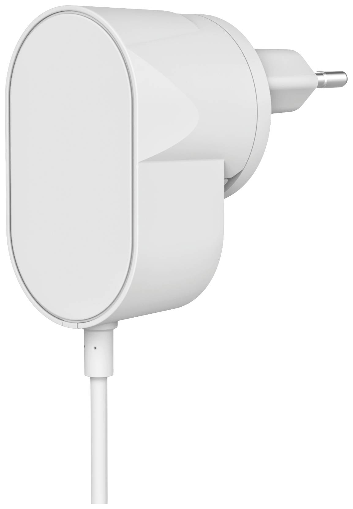Un chargeur blanc rectangulaire avec une prise européenne. Il présente un design arrondi et un câble situé sur sa face inférieure.