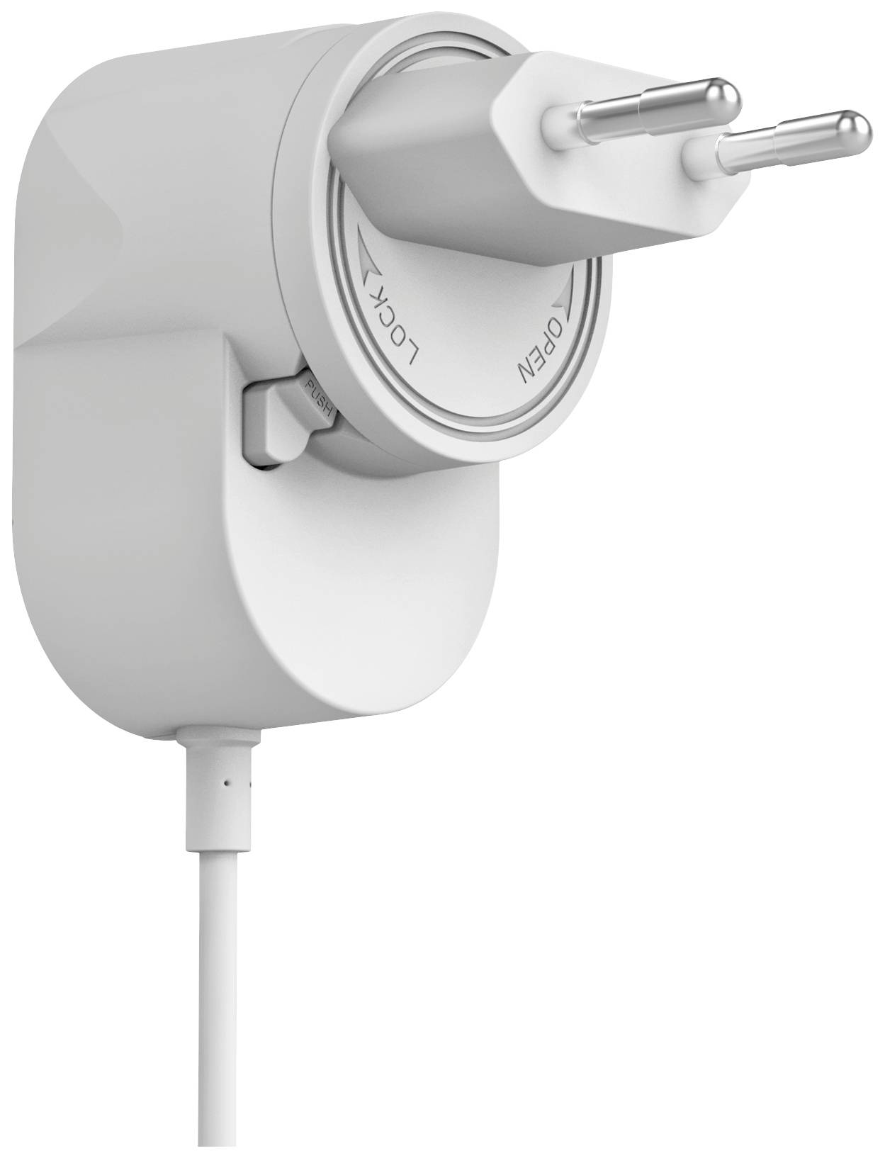 Un chargeur secteur blanc avec une fiche extractible et un câble textile. Il présente les marquages 'Lock' et 'Open' sur la molette de la fiche.