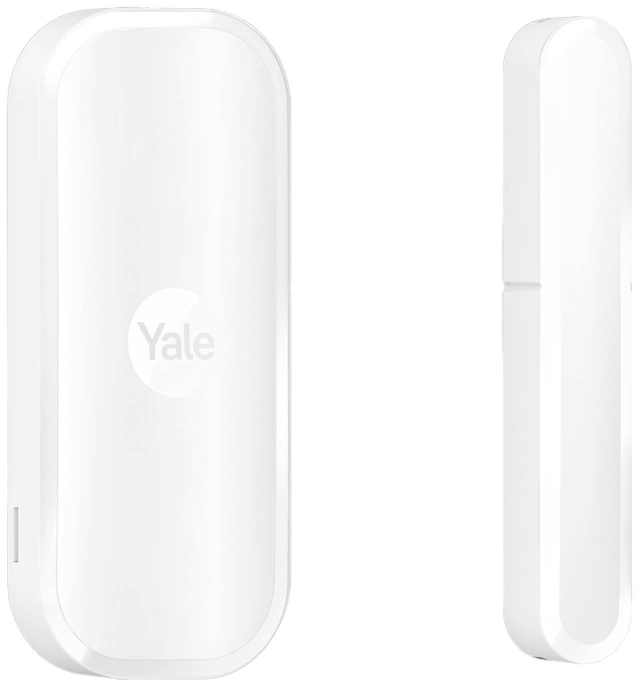 Un capteur blanc rectangulaire aux coins arrondis, portant la mention 'Yale'. Il fait partie d'un dispositif de sécurité pour porte ou fenêtre.