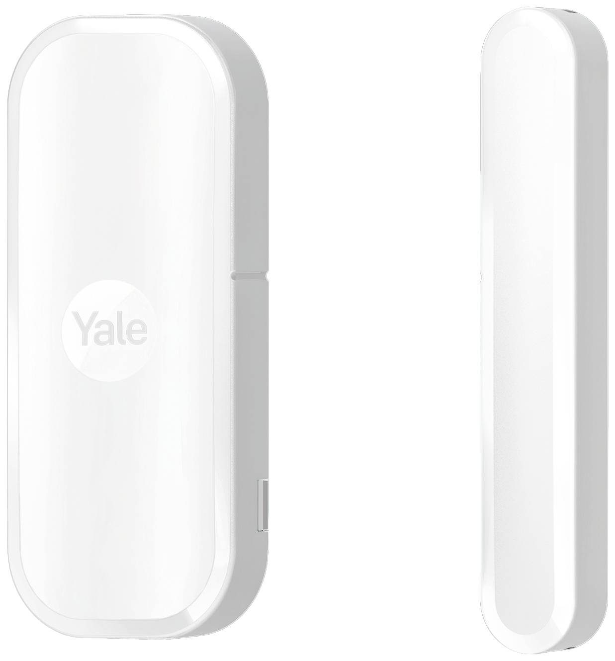 Deux capteurs magnétiques blancs d'un système d'alarme, l'un monté et l'autre posé séparément, avec le logo 'Yale' sur le capteur de gauche.