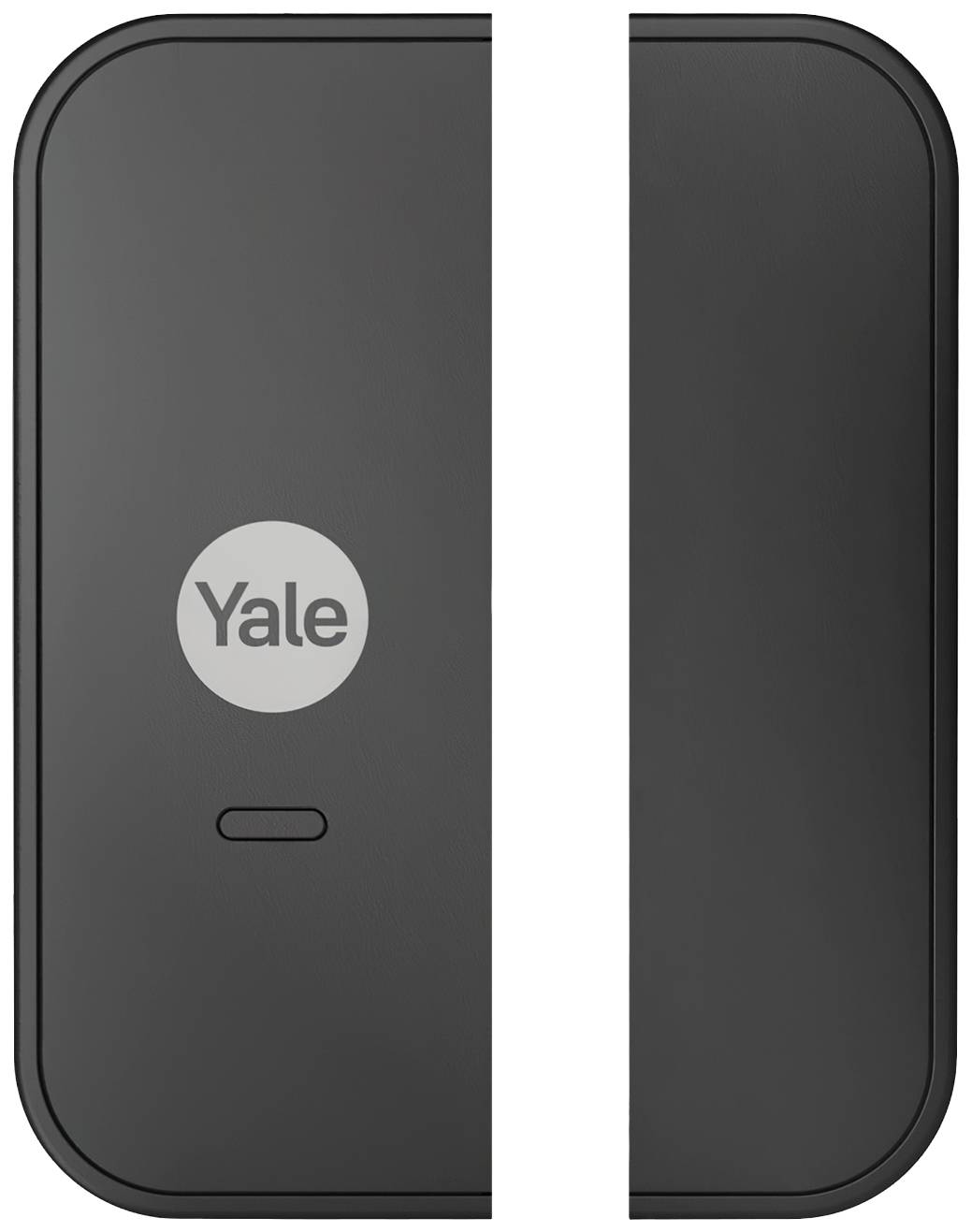 Un contact magnétique noir et rectangulaire avec un logo gris 'Yale'. Le capteur est divisé en deux parties et sert à la surveillance des portes ou des fenêtres.
