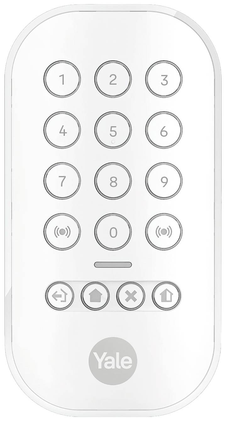 Un clavier électronique rectangulaire blanc pour serrure de porte, comprenant des touches numérotées de 1 à 9 et 0, ainsi que des touches pour la sonnette et l'ouverture de la porte.